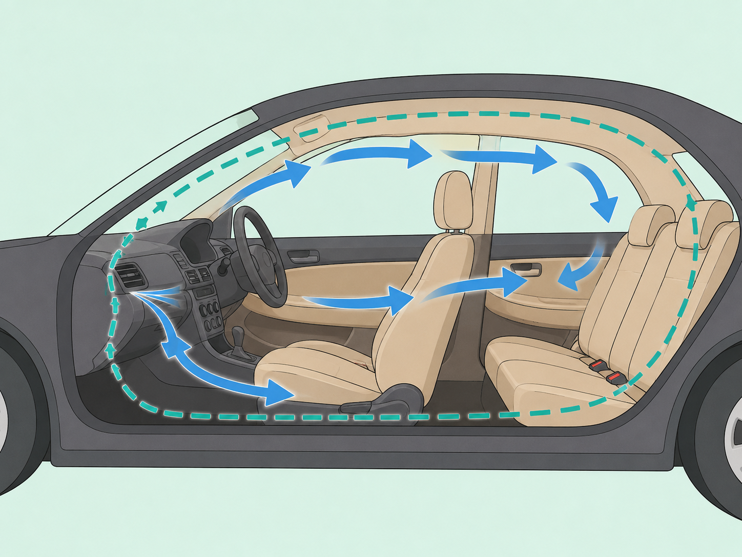 Airflow arrows showing cabin air recirculating inside a car.