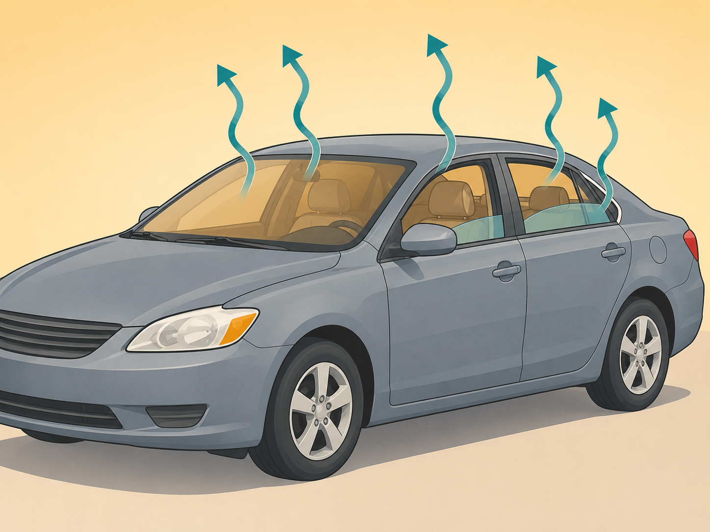 Hot air escaping from a car through open windows before using the air conditioner.