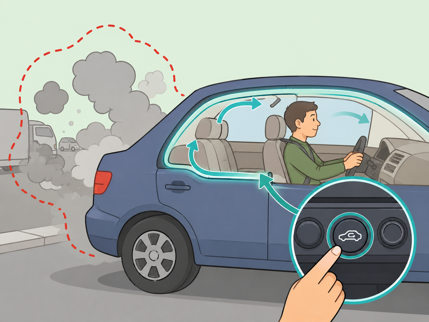 Recirculation used briefly to reduce outside fumes and dust entering a car.