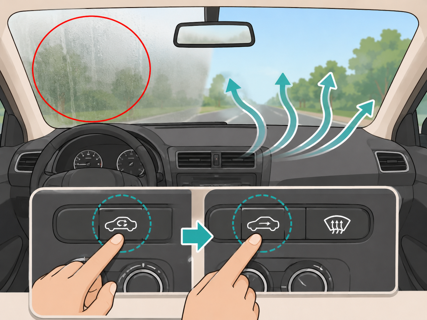 Driver switching off recirculation to help clear a fogged windshield.