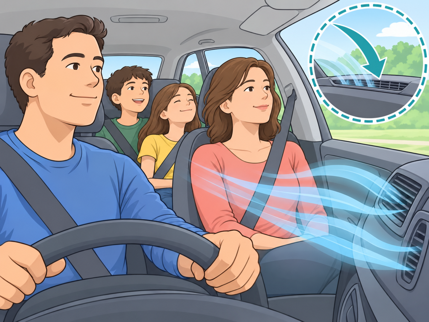 Fresh air entering a car cabin during a longer drive with passengers.