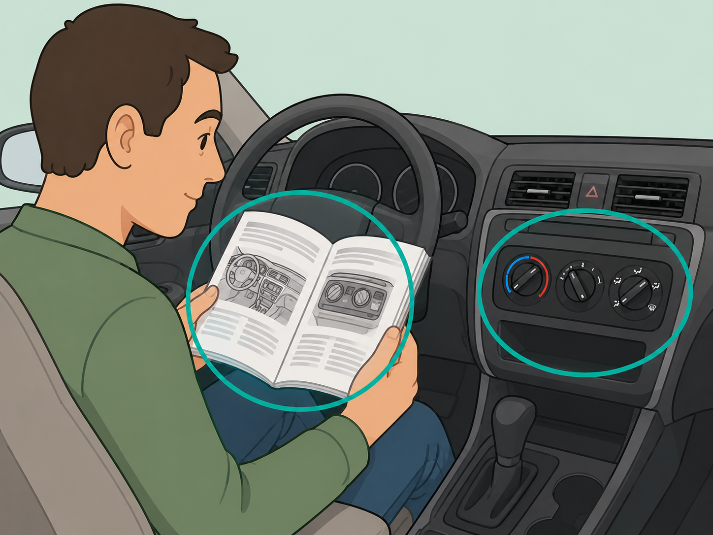 Driver checking the owner's manual for car climate control settings.
