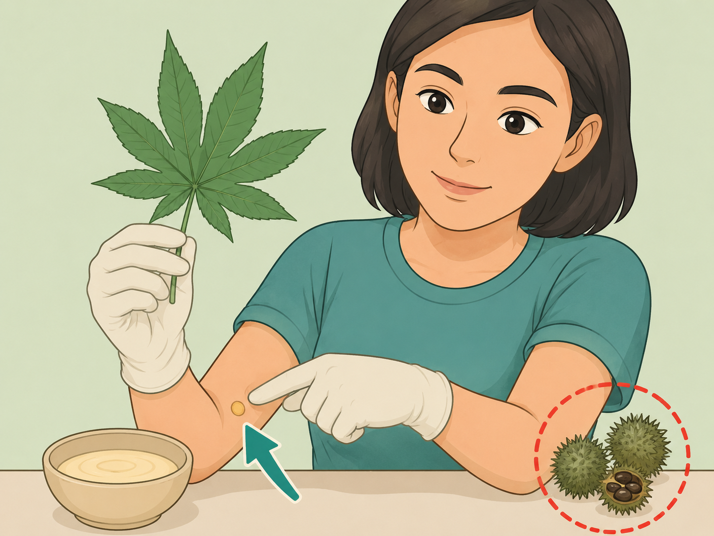 Person handling castor leaves safely for beauty use while avoiding seed pods and patch testing skin.