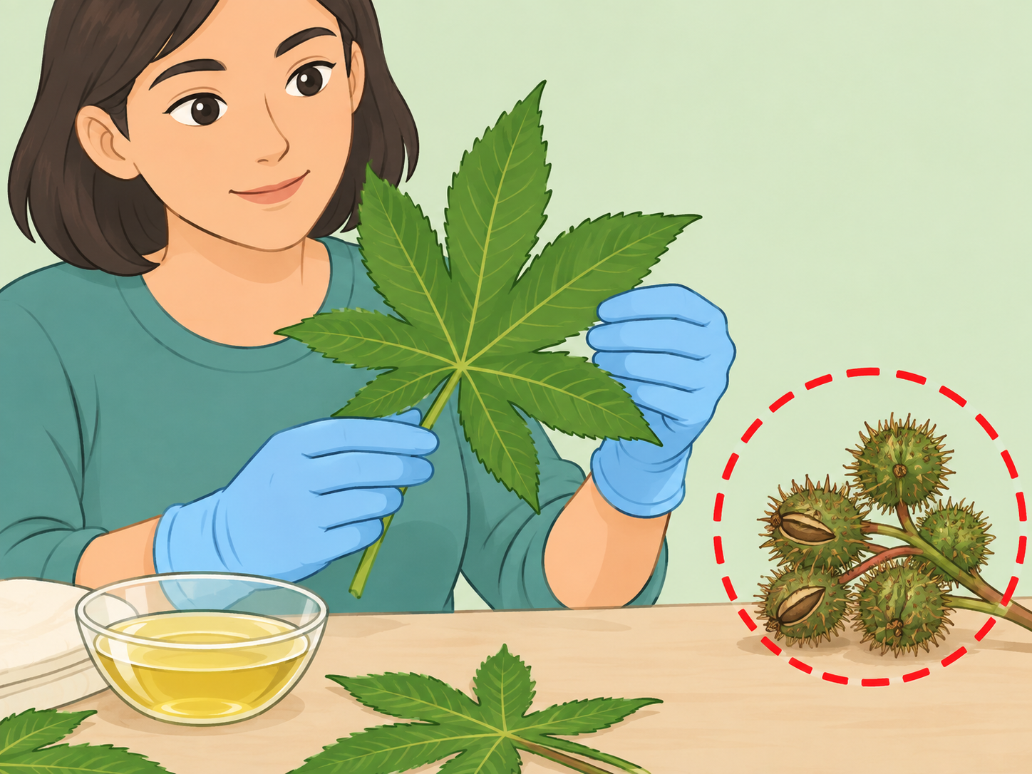 Gloved hands identifying castor leaves while avoiding the seed pods.