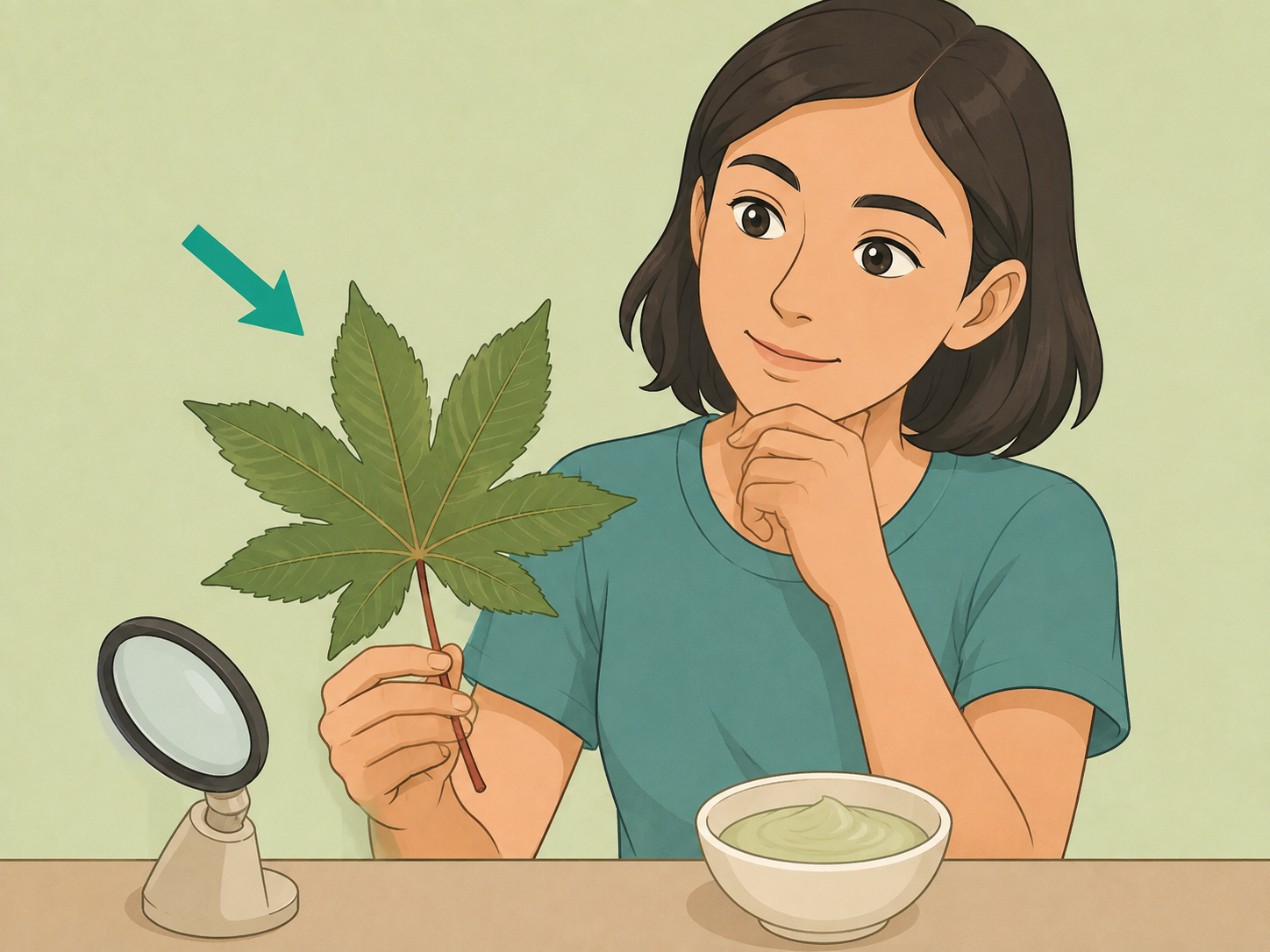 Person reviewing castor leaves cautiously before using them for beauty care.