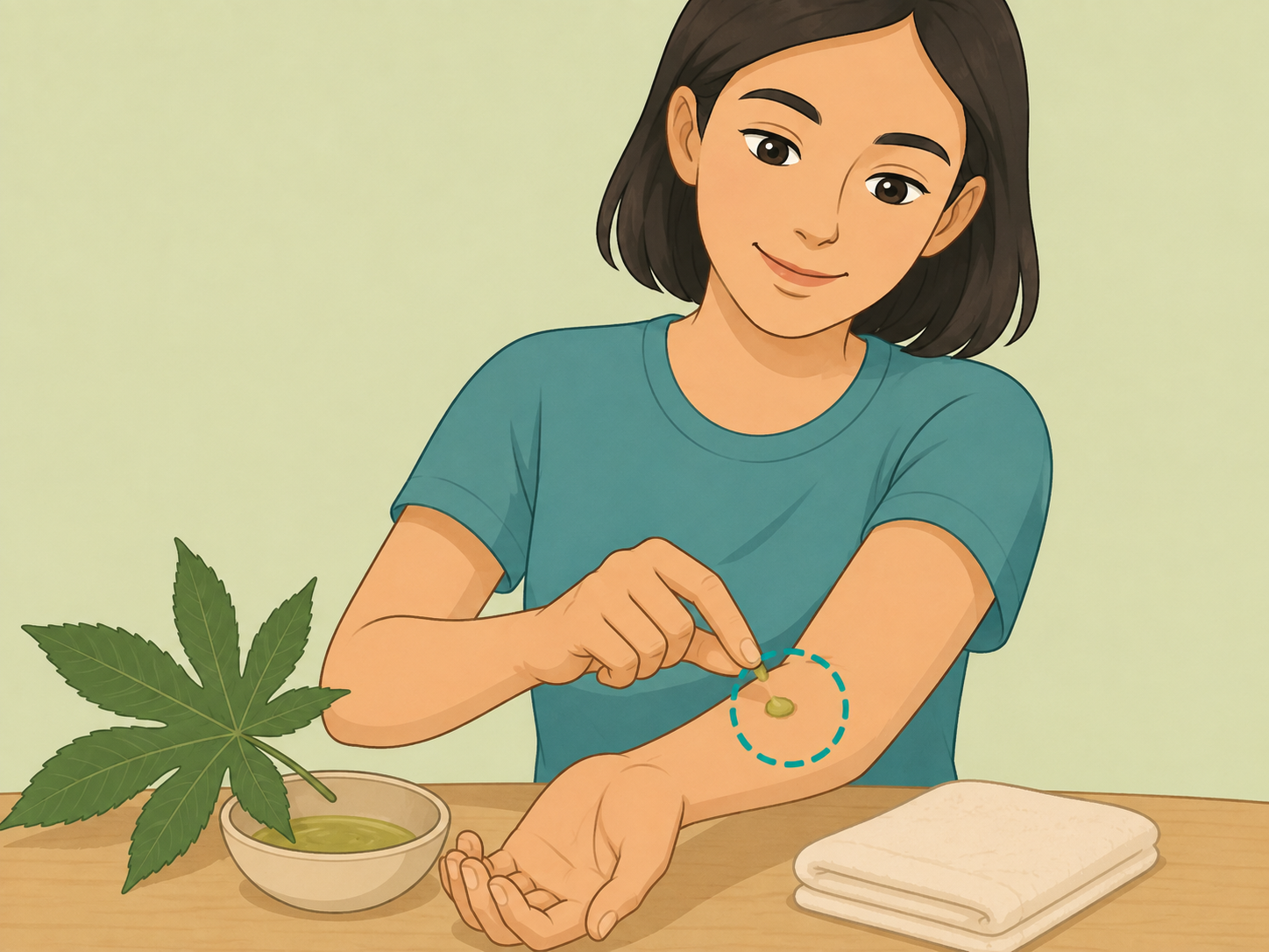 Person patch testing castor leaf preparation on the inner arm.