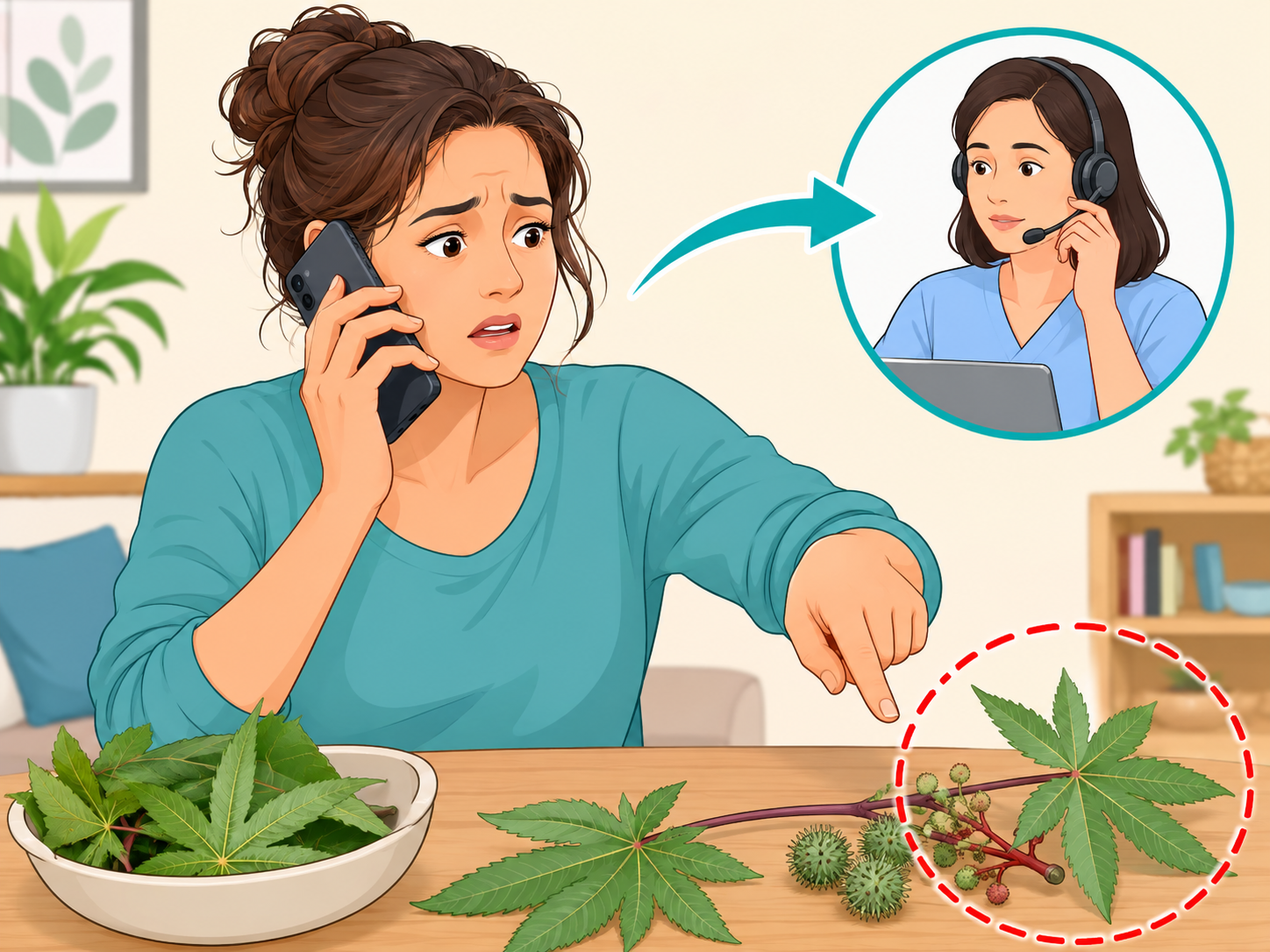 Adult calling for medical or poison help after castor plant exposure.