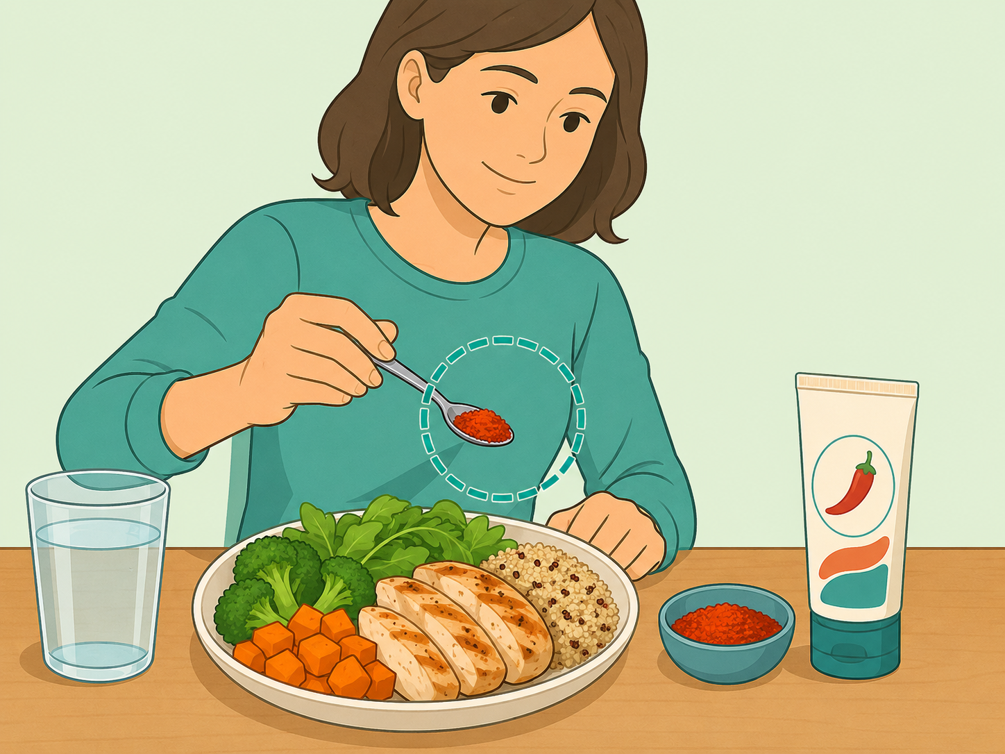 Person using a small amount of cayenne pepper safely with food and a topical capsaicin product nearby.