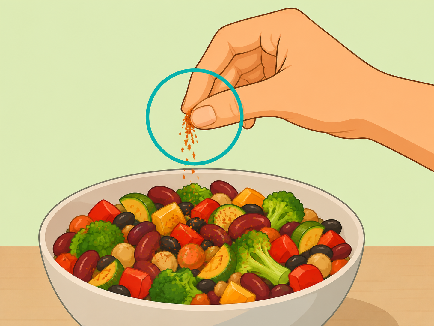 A small pinch of cayenne pepper being added to a healthy meal.