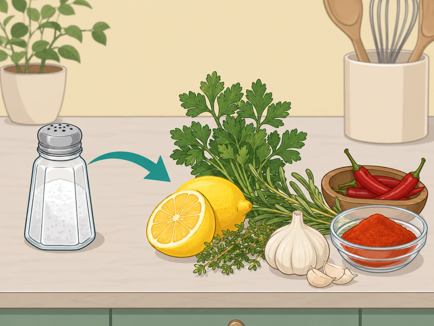 Cayenne and other spices used instead of extra salt.
