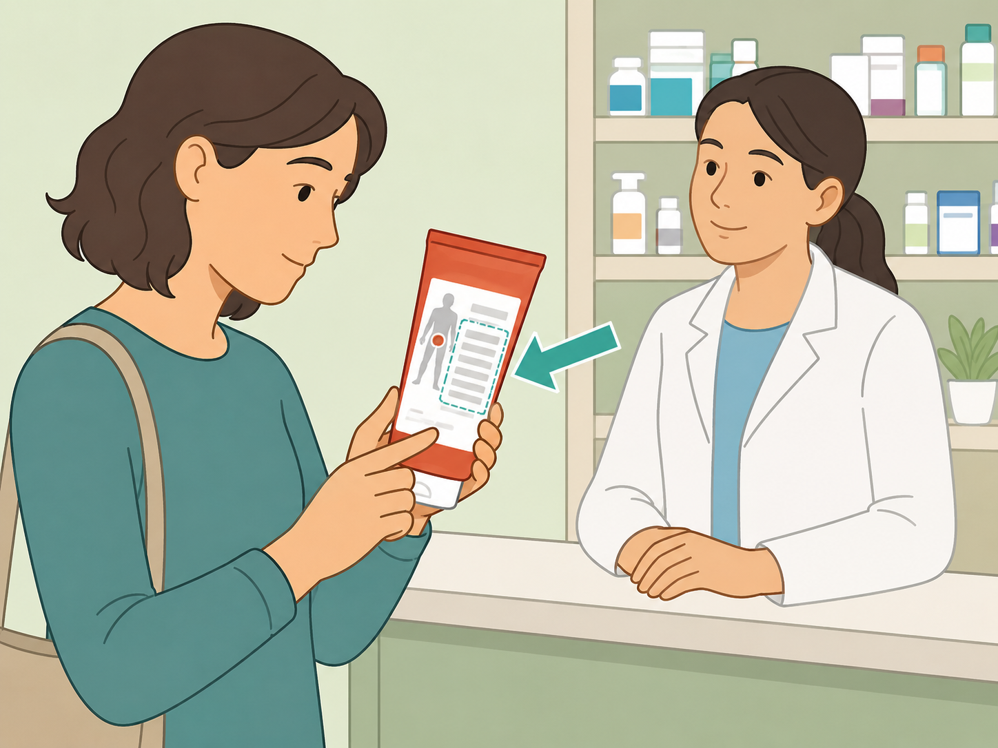Person checking a capsaicin product label and asking a pharmacist.