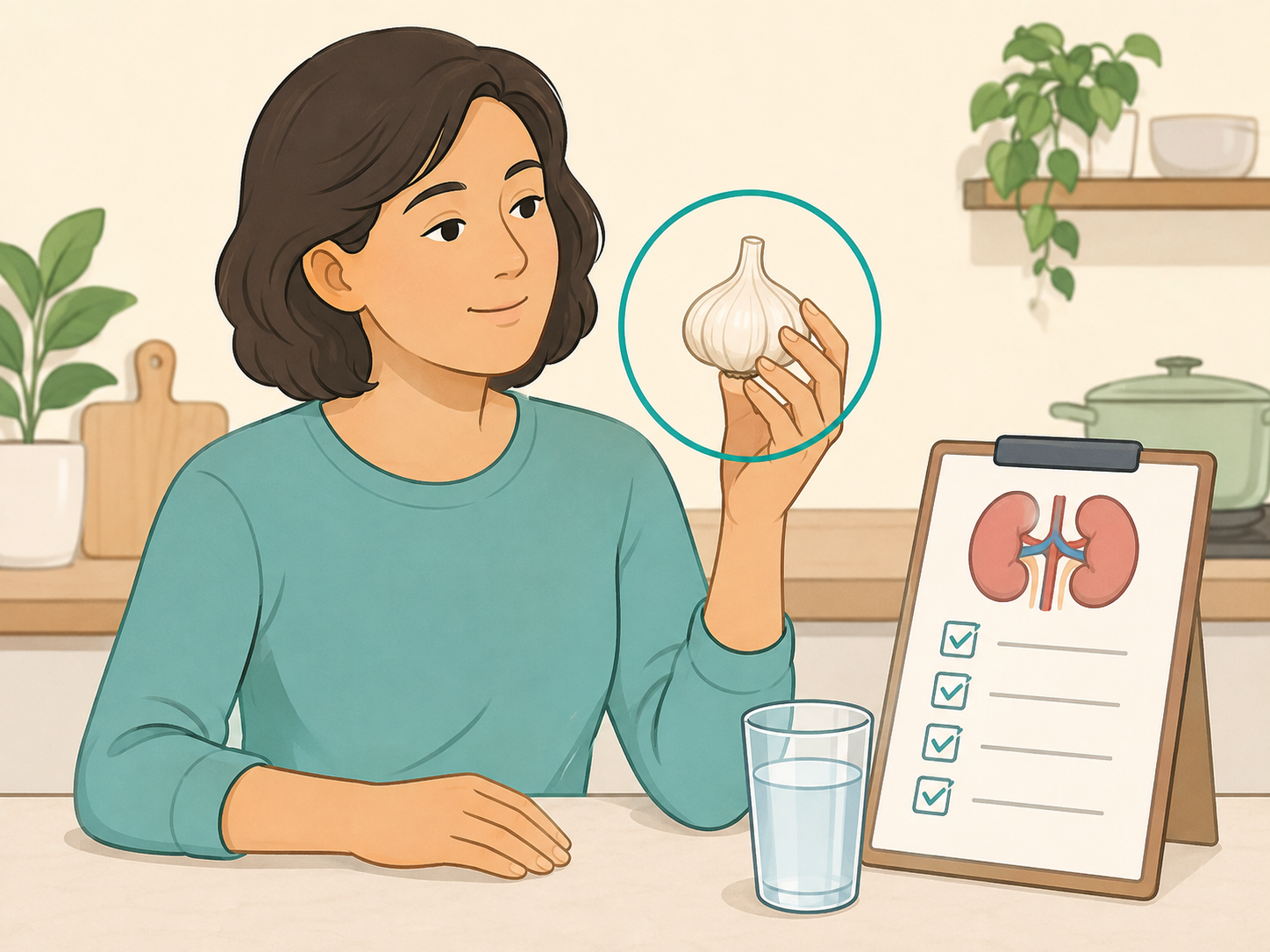 Illustration of a person using garlic as food while thinking about kidney health.