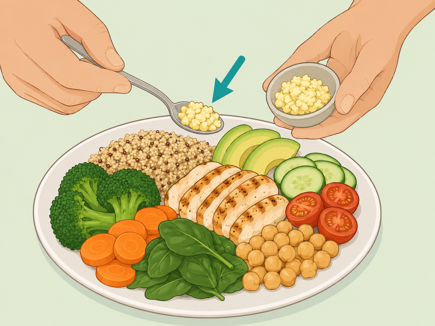 Hands using a small amount of fresh garlic in a meal.