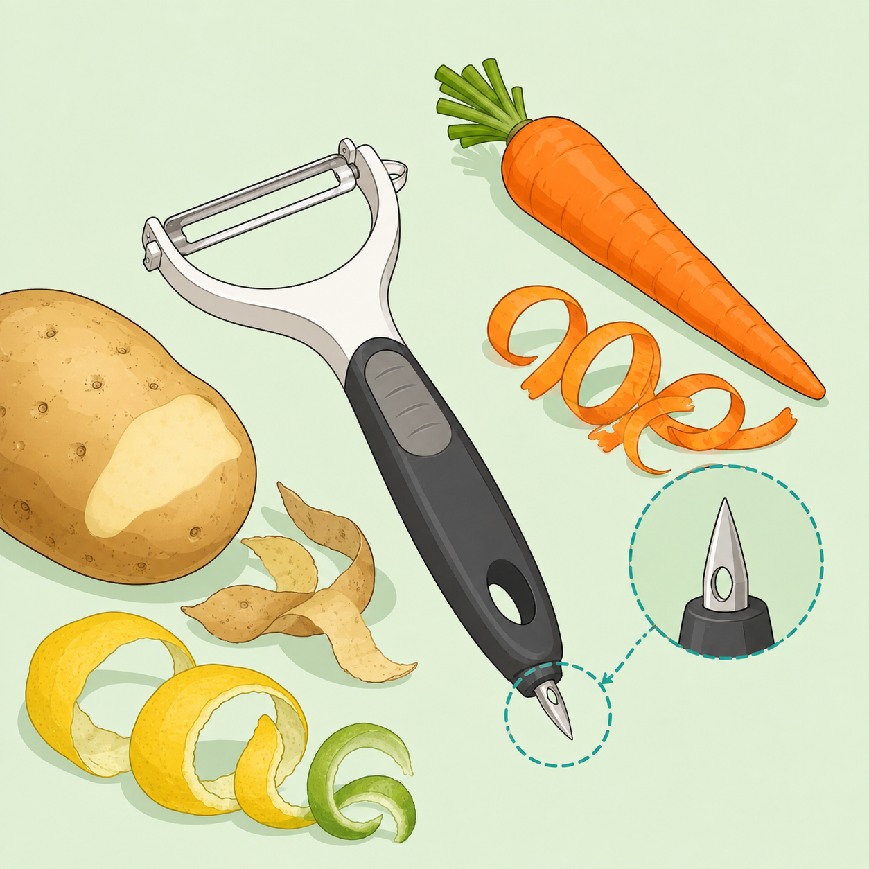 Illustration of a vegetable peeler with its pointed blemish remover tip highlighted beside common produce.
