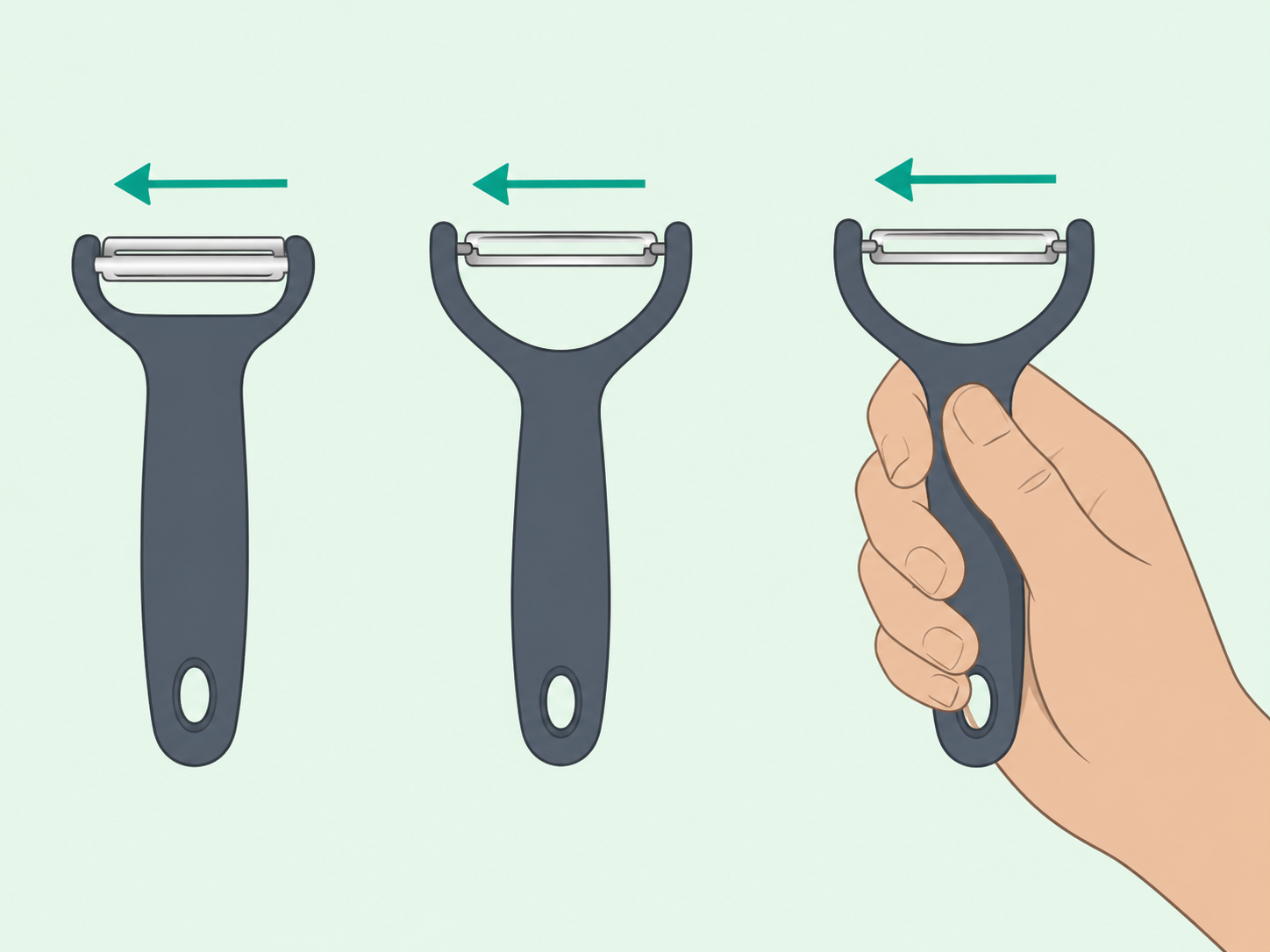 A hand comparing a straight peeler and a Y-shaped peeler before use.
