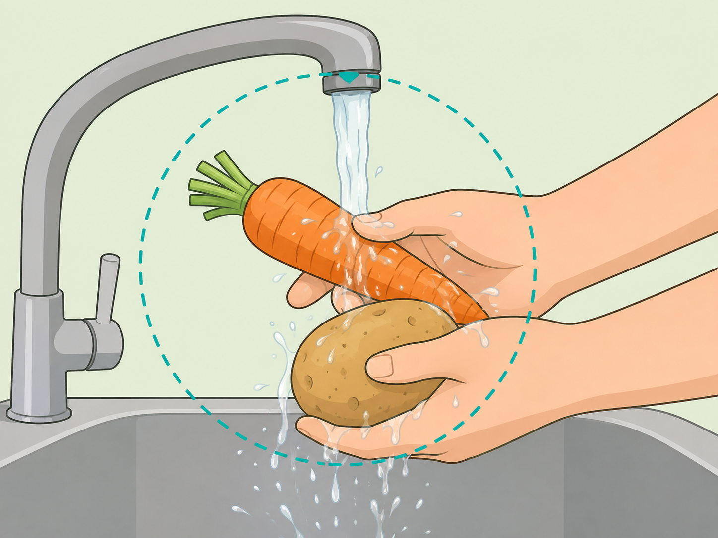Hands washing produce under running water before peeling.