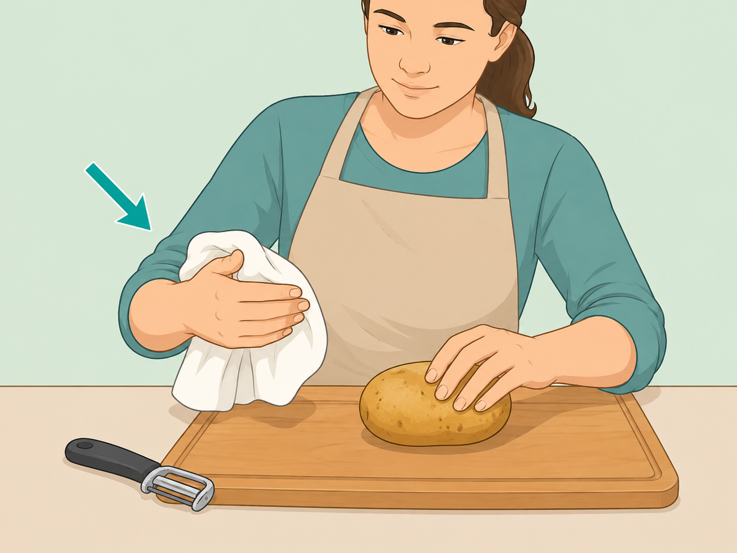A dry hand steadies produce safely before peeling.