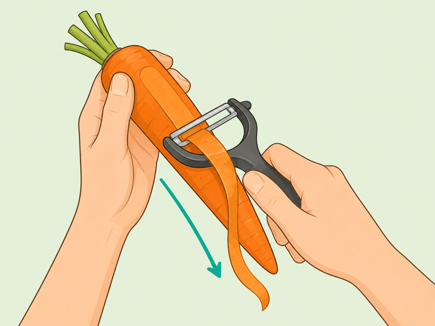 Hands peeling a carrot in one long smooth stroke.