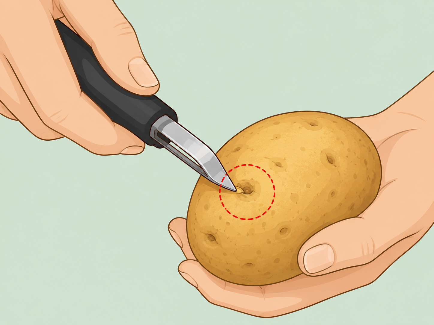 A peeler tip removing a small blemish from a potato.