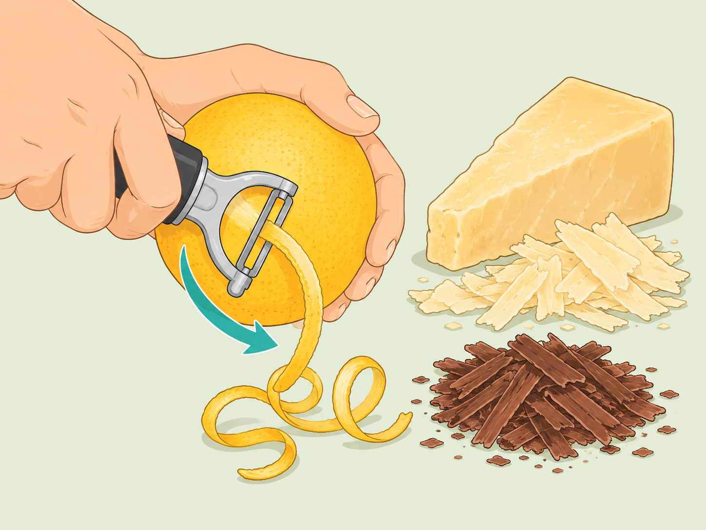 A vegetable peeler making thin garnish shavings from citrus peel.
