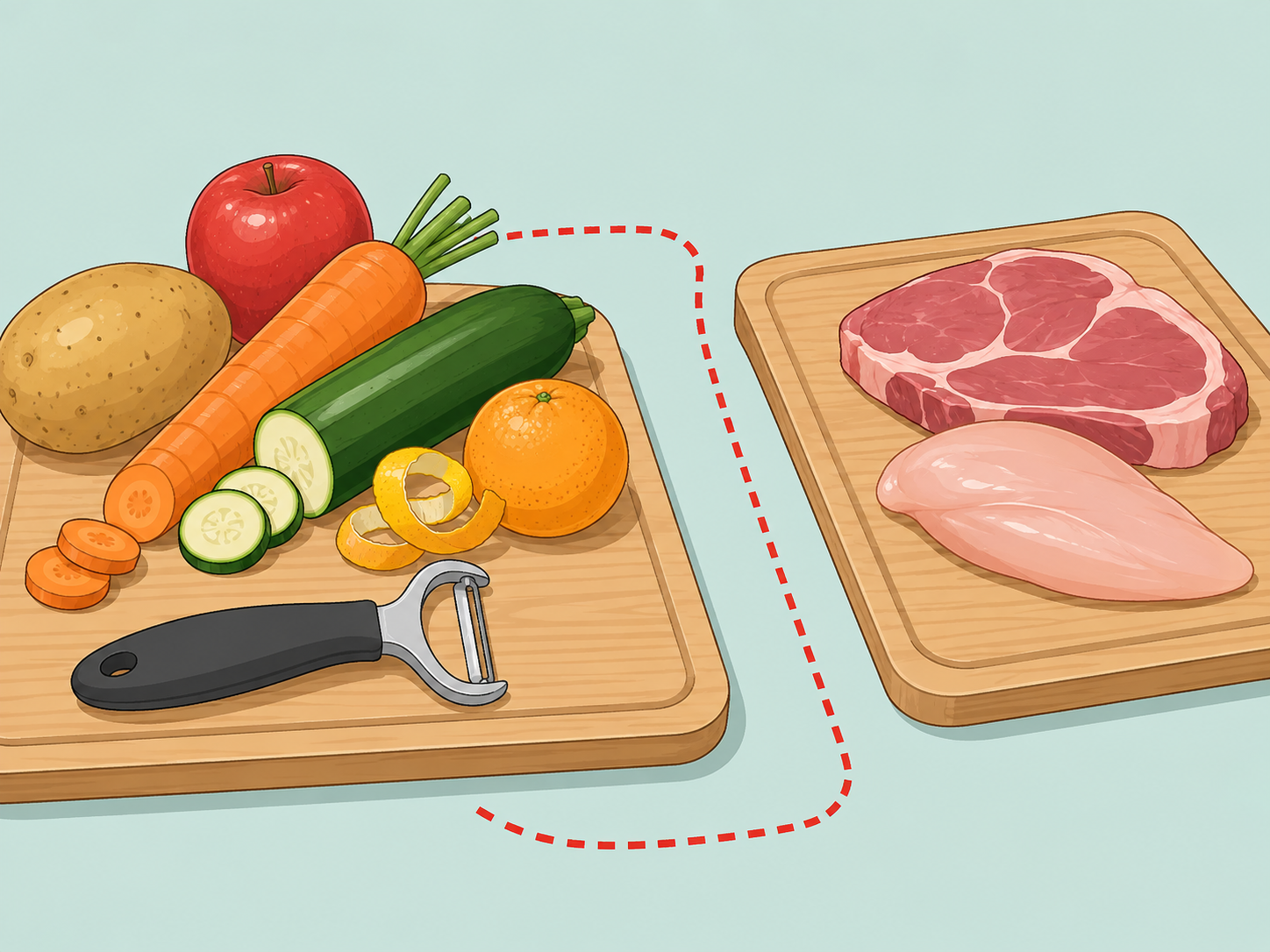 A vegetable peeler kept separate from raw meat tools.