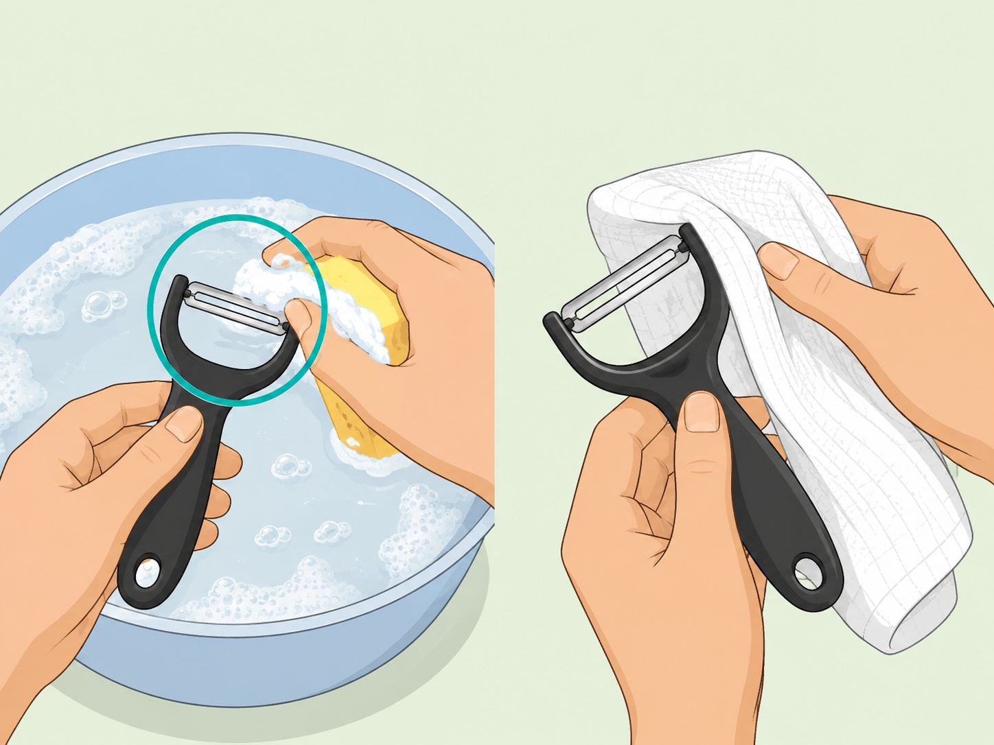 Hands washing and drying a vegetable peeler after use.