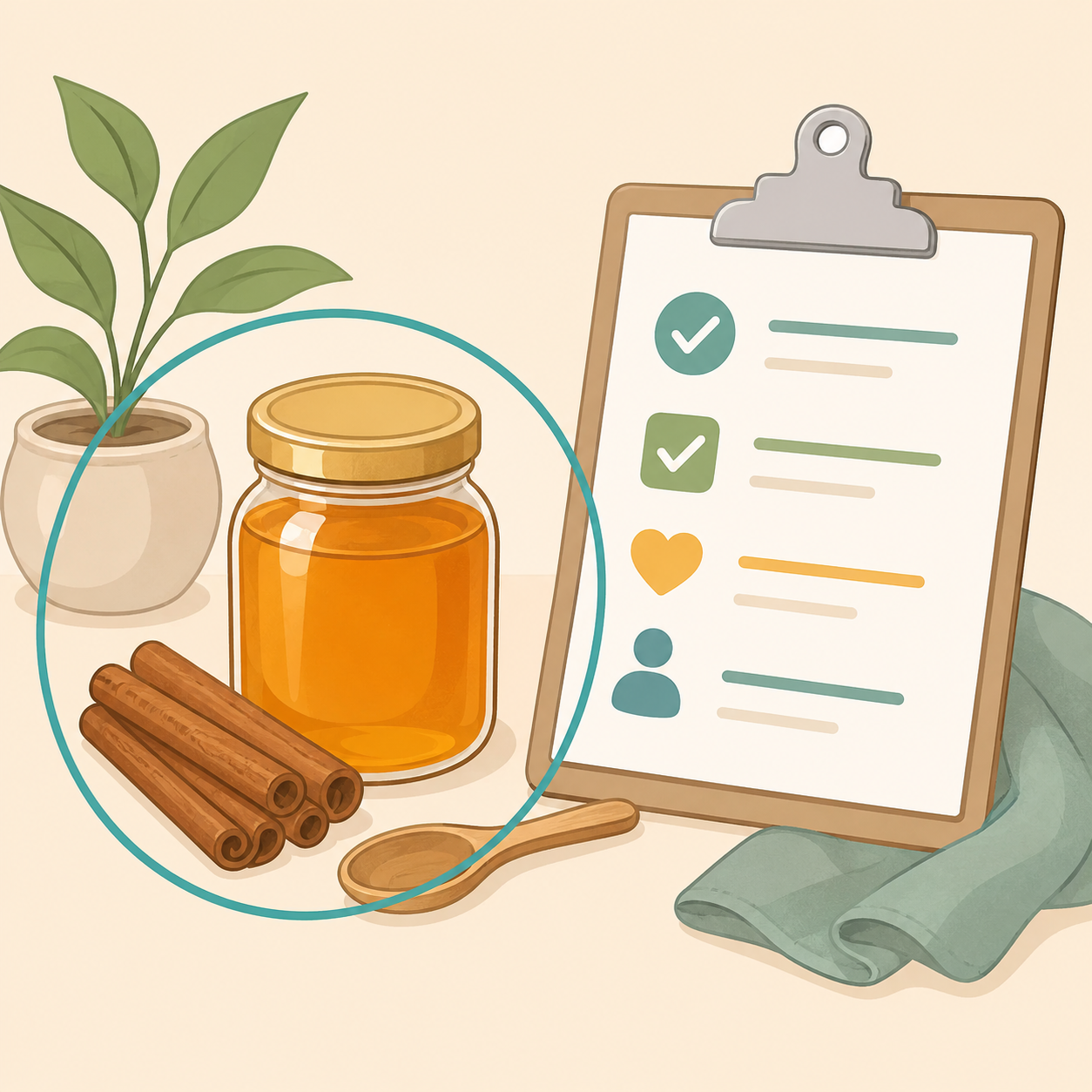 Illustration of honey and cinnamon beside a simple wellness checklist.