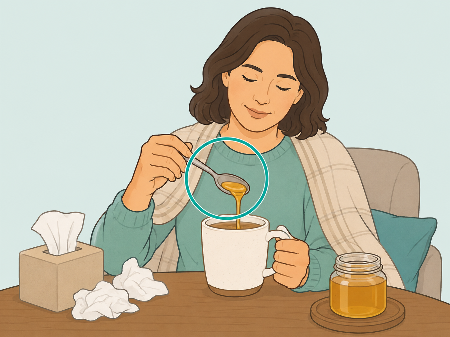 Adult adding honey to warm tea for a mild cough.