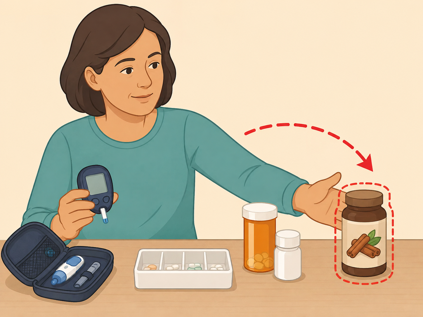 Person avoiding cinnamon supplements as a substitute for diabetes care.