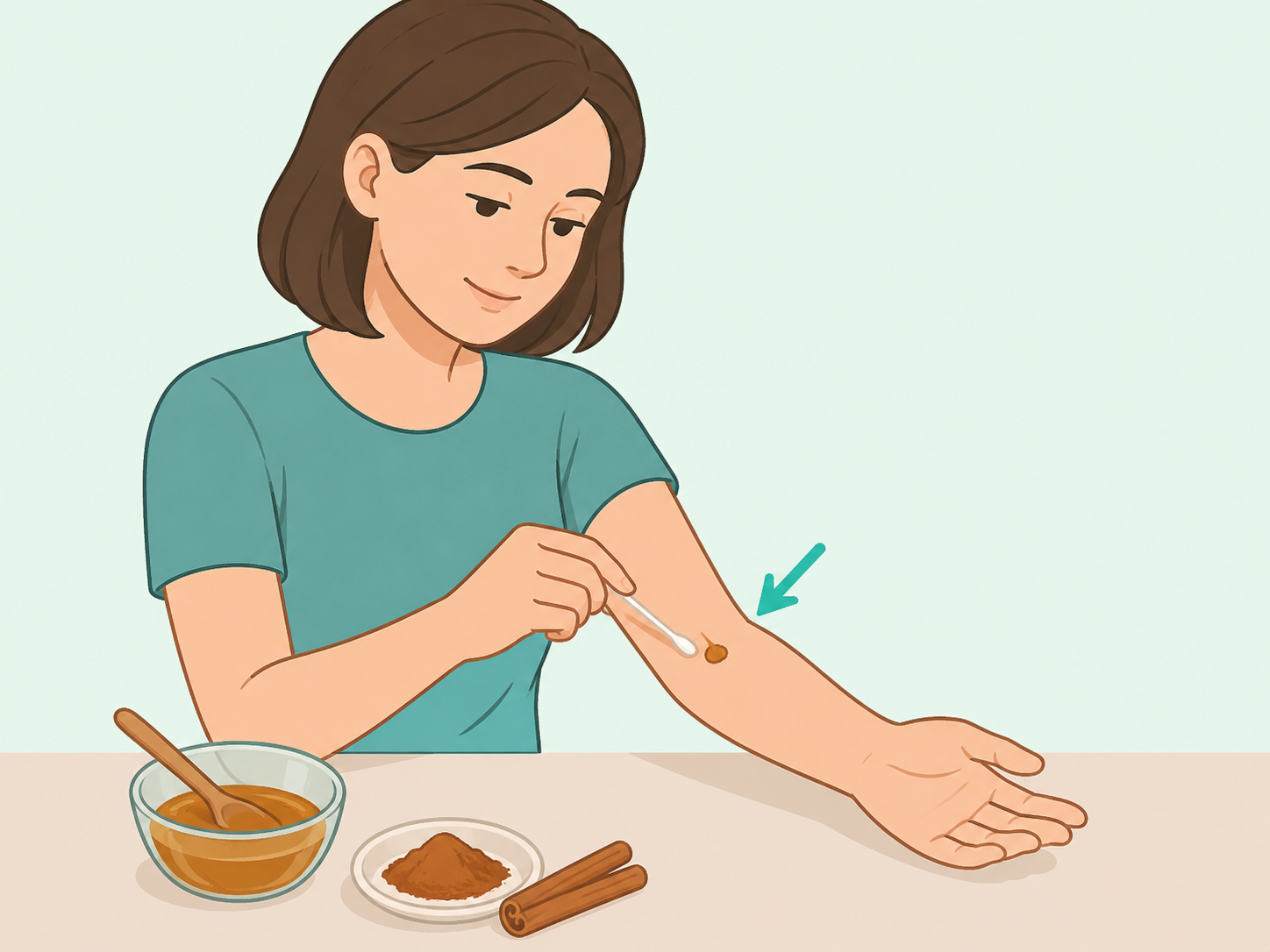 Patch testing a honey and cinnamon mixture on the inner arm.