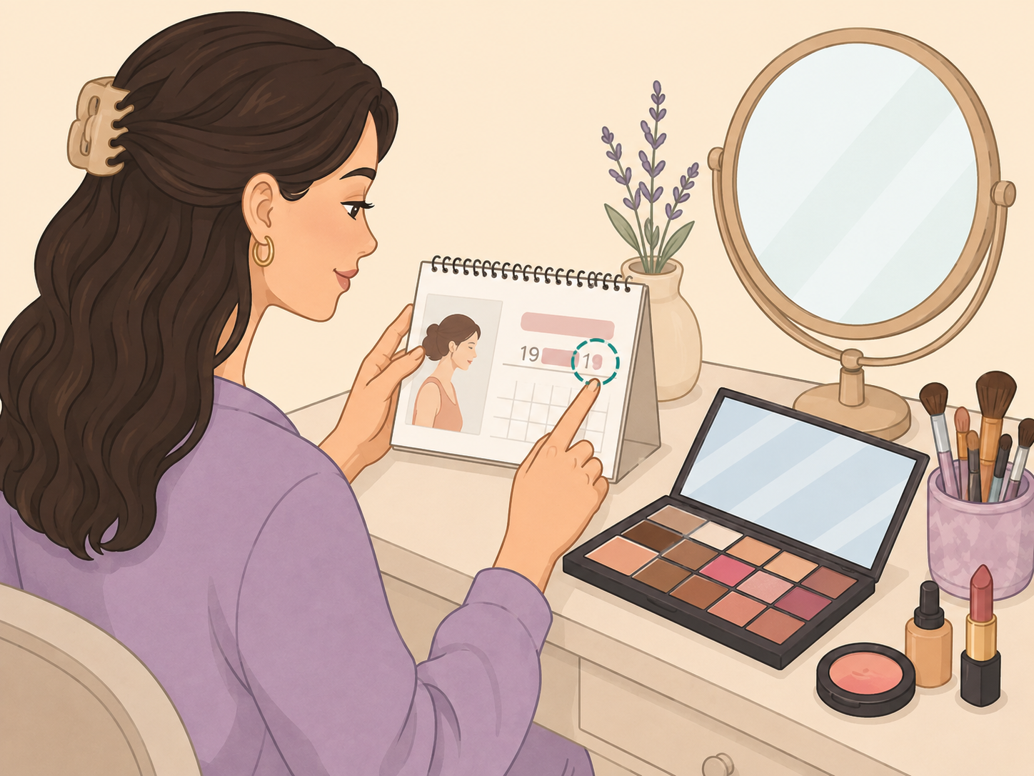 Person using a birth year as inspiration while choosing beauty colors at a vanity.