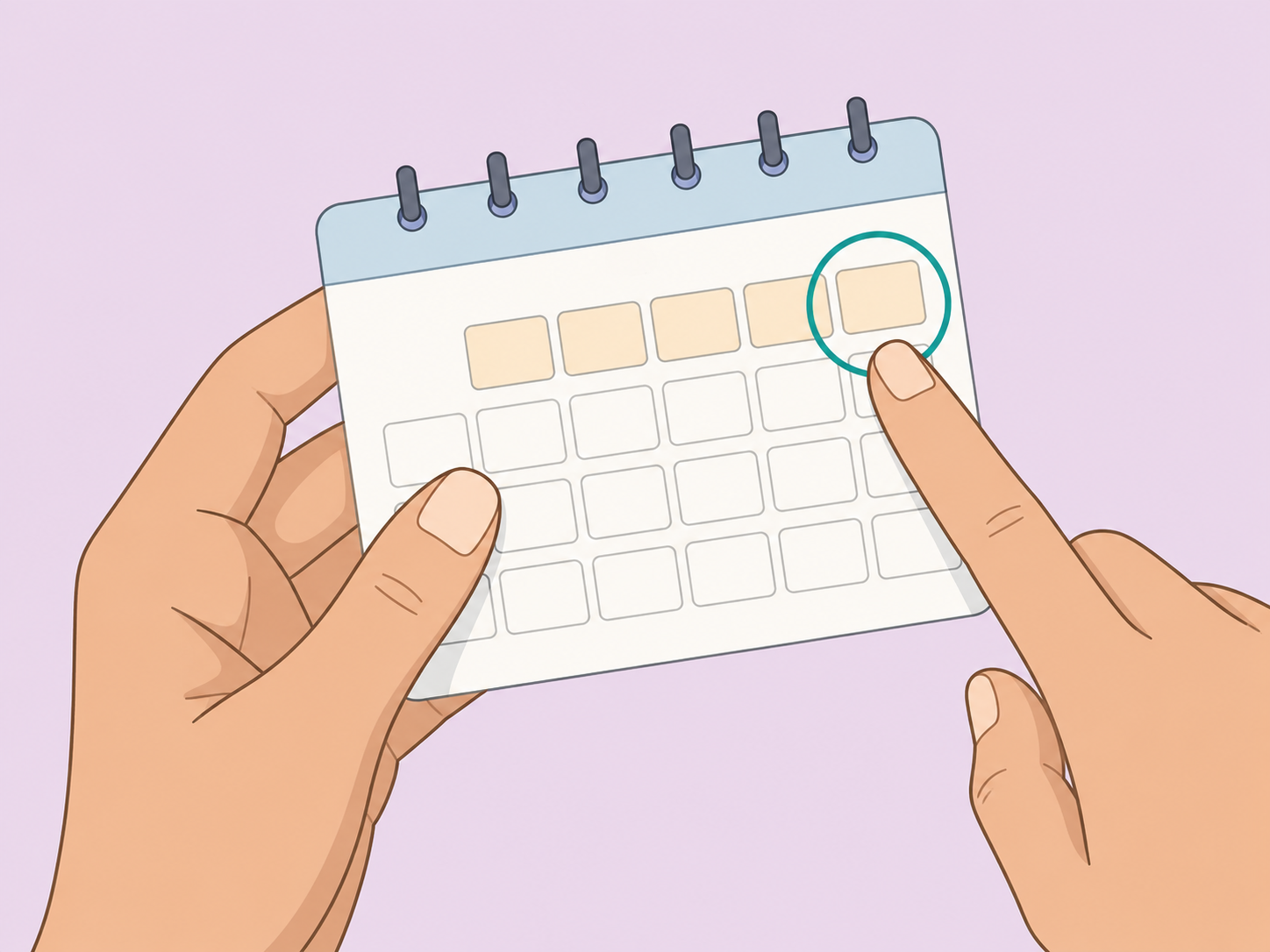 Hands identifying the last digit of a birth year on a calendar card.