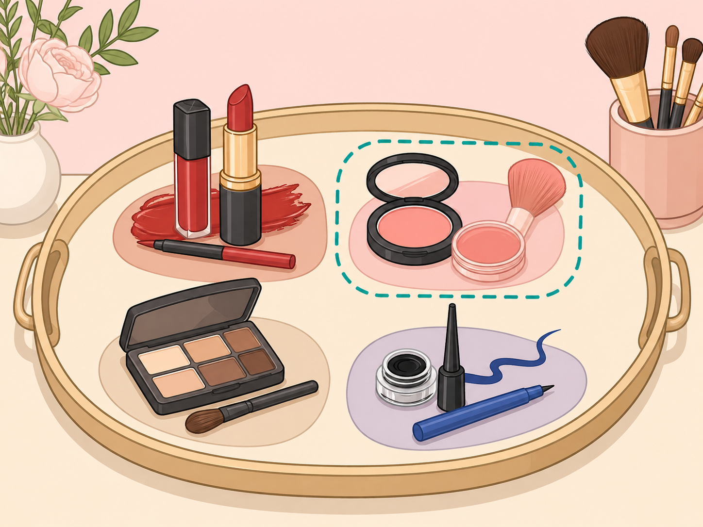 A selected beauty direction shown among several makeup color themes.