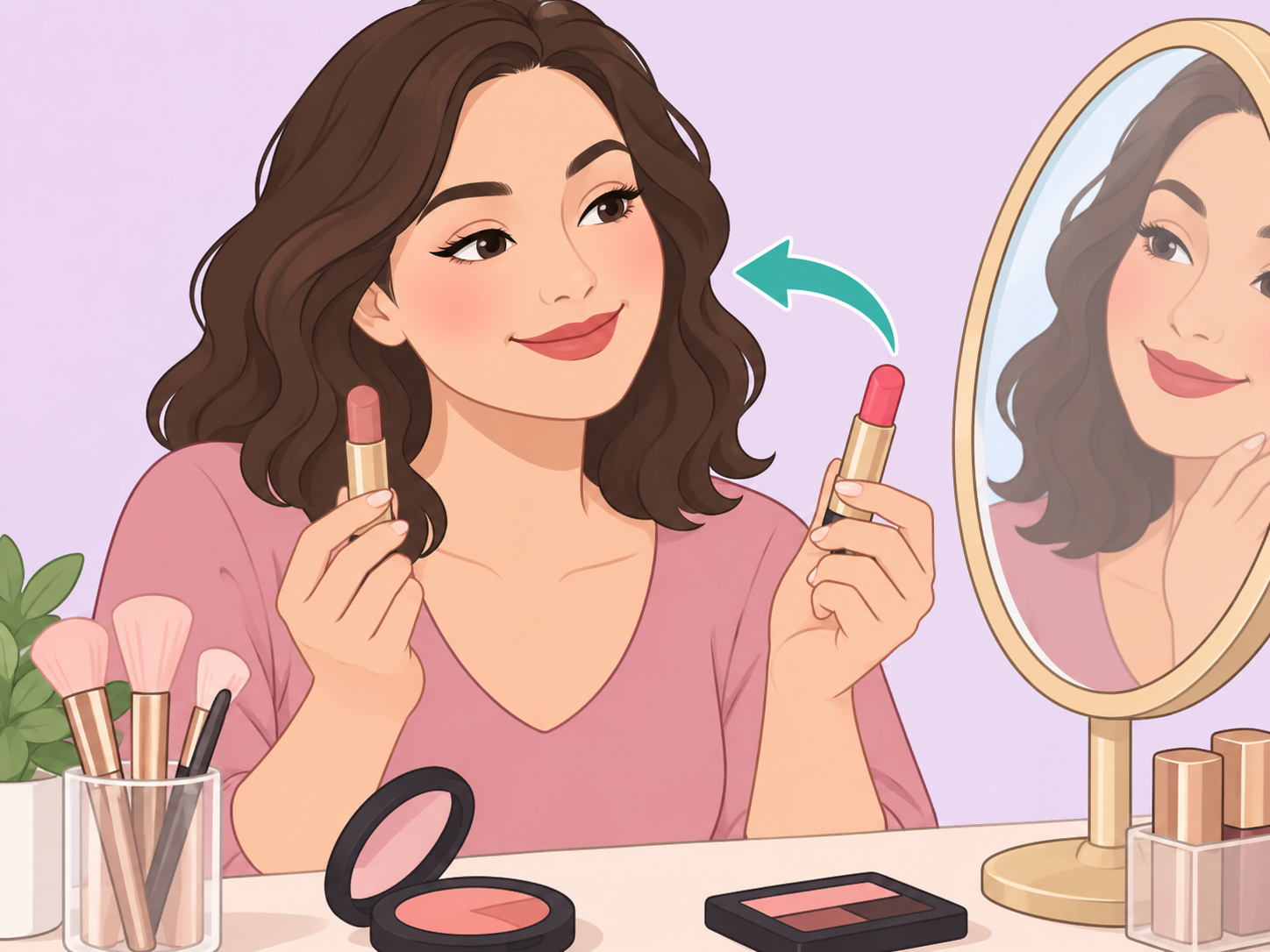Person choosing flattering beauty colors for their features.