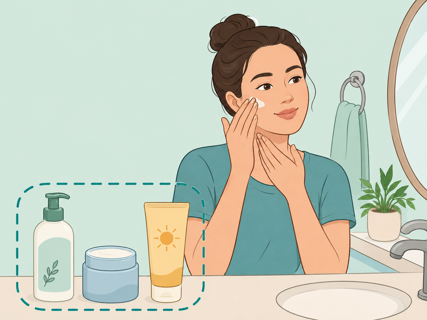 Simple skincare basics arranged before applying a beauty look.
