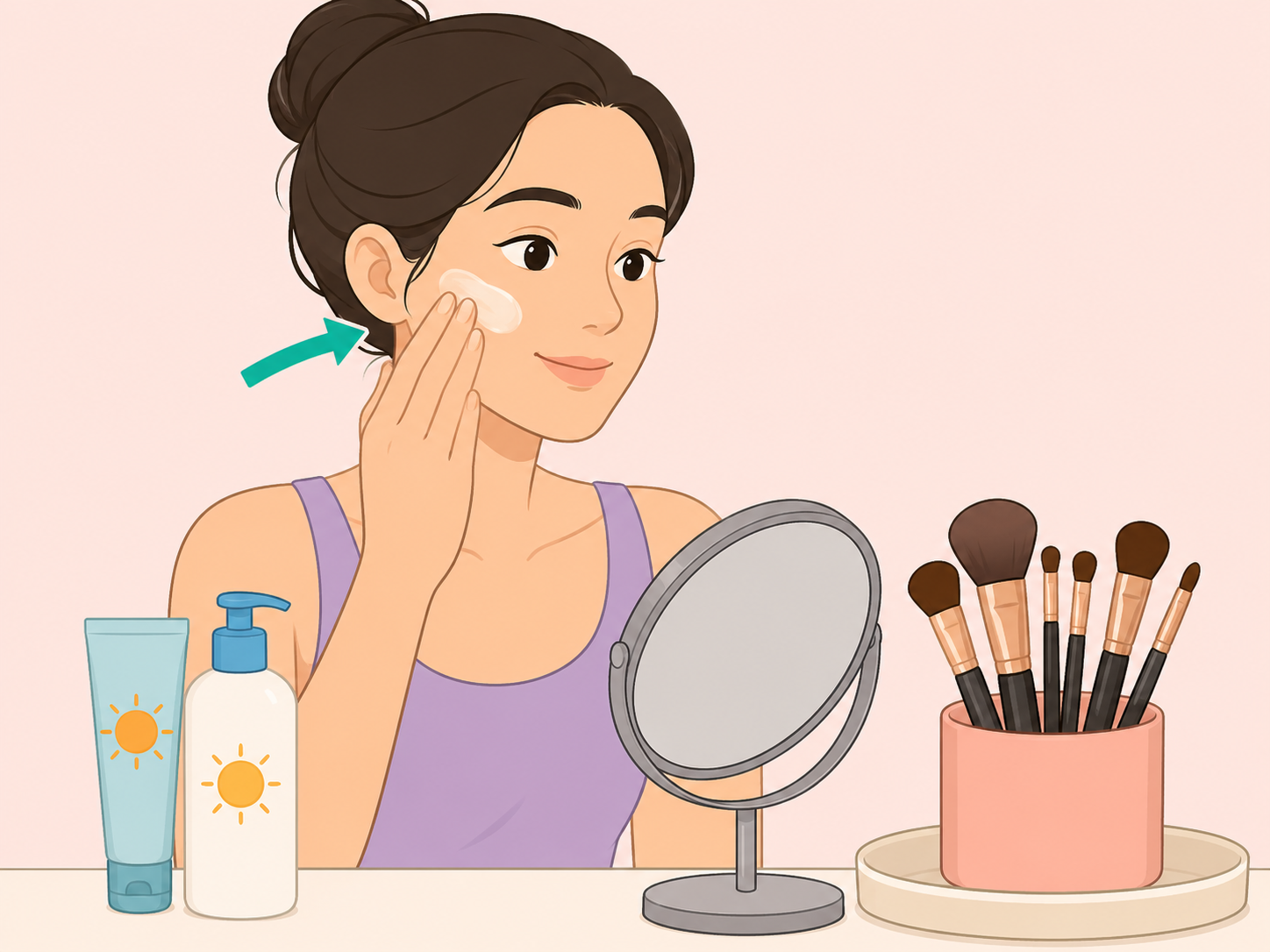 Person applying sunscreen before daytime makeup.