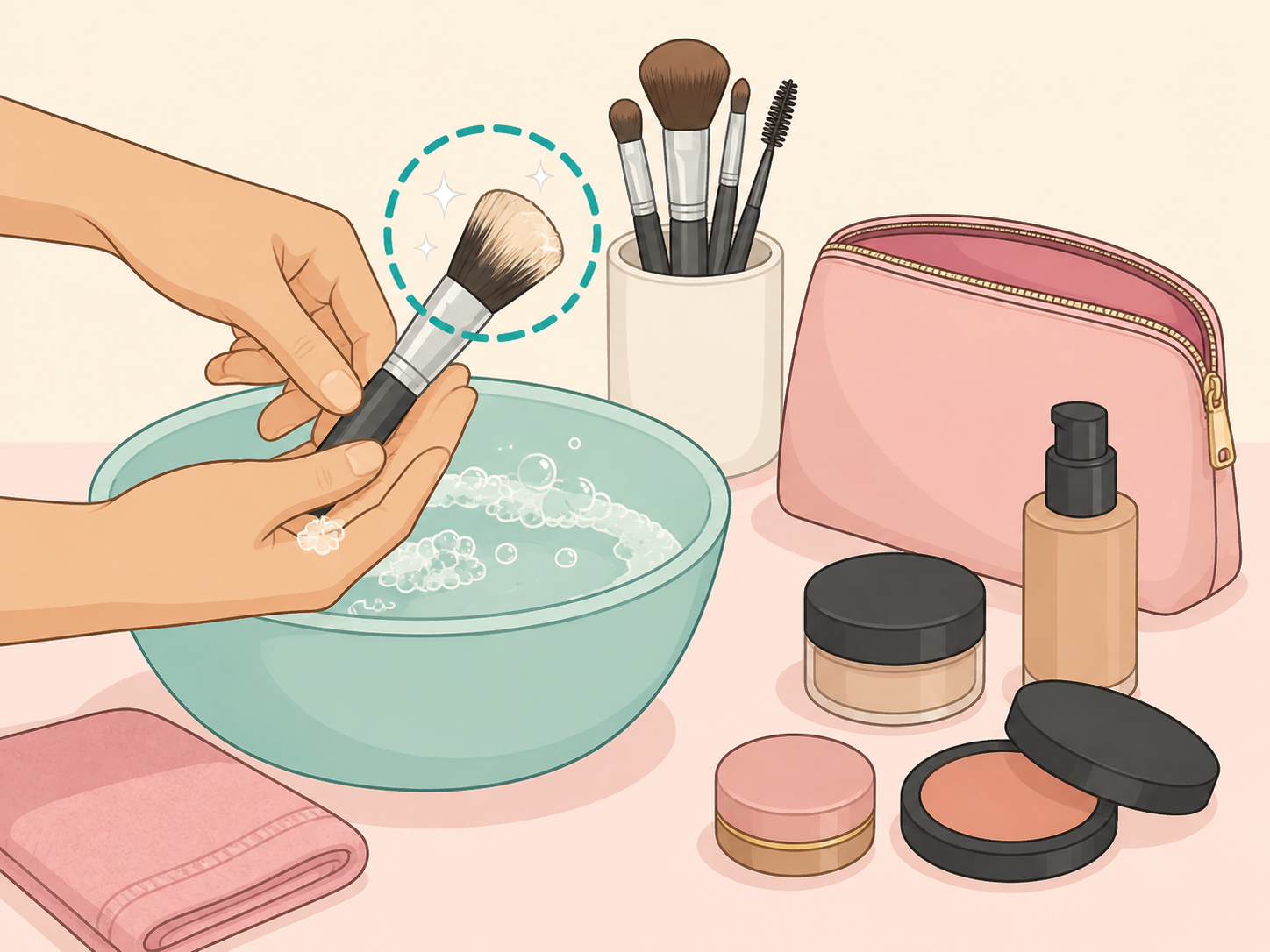 Hands cleaning makeup brushes before trying a new look.