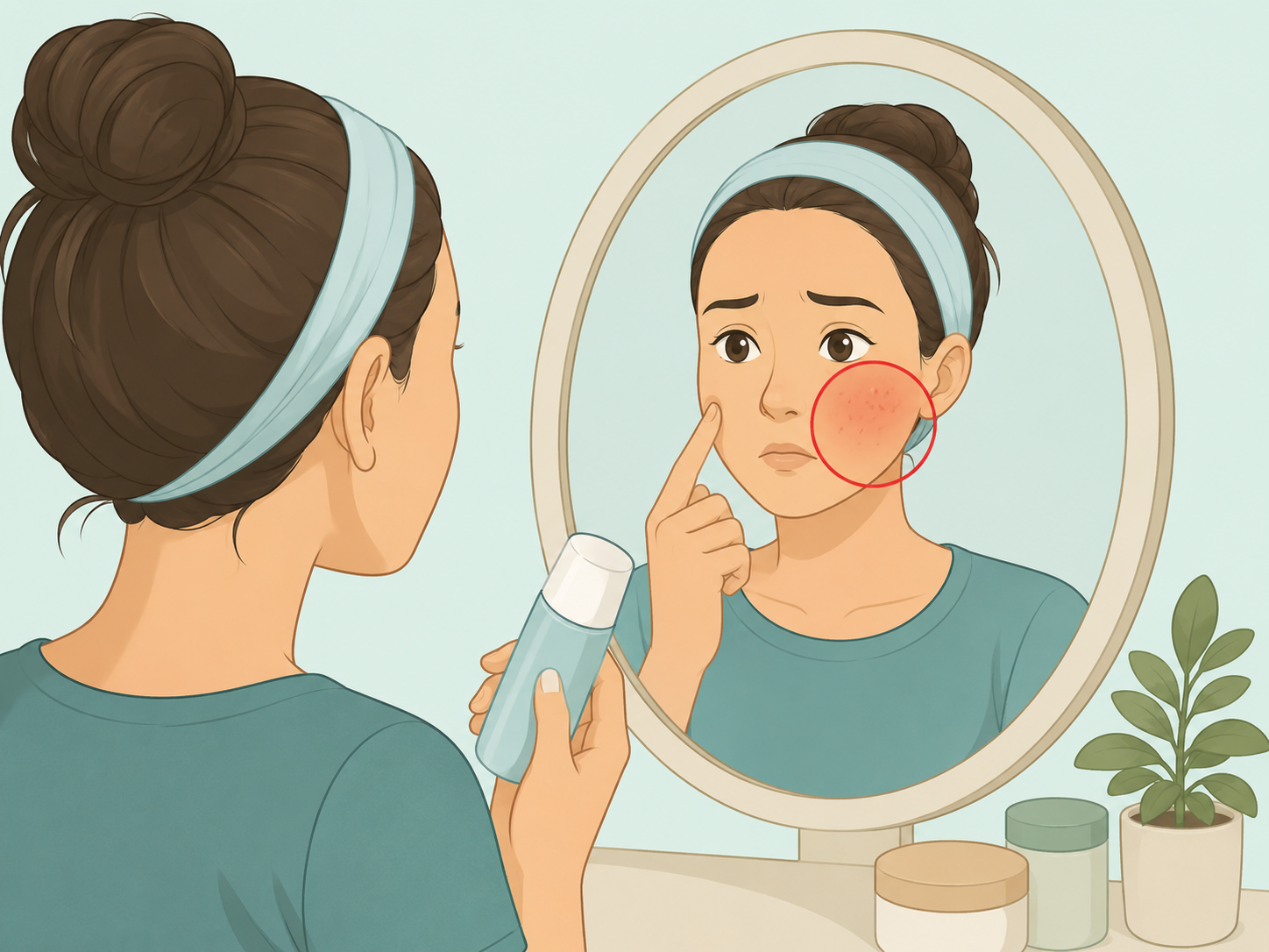 Person noticing skin irritation and stopping a beauty product.