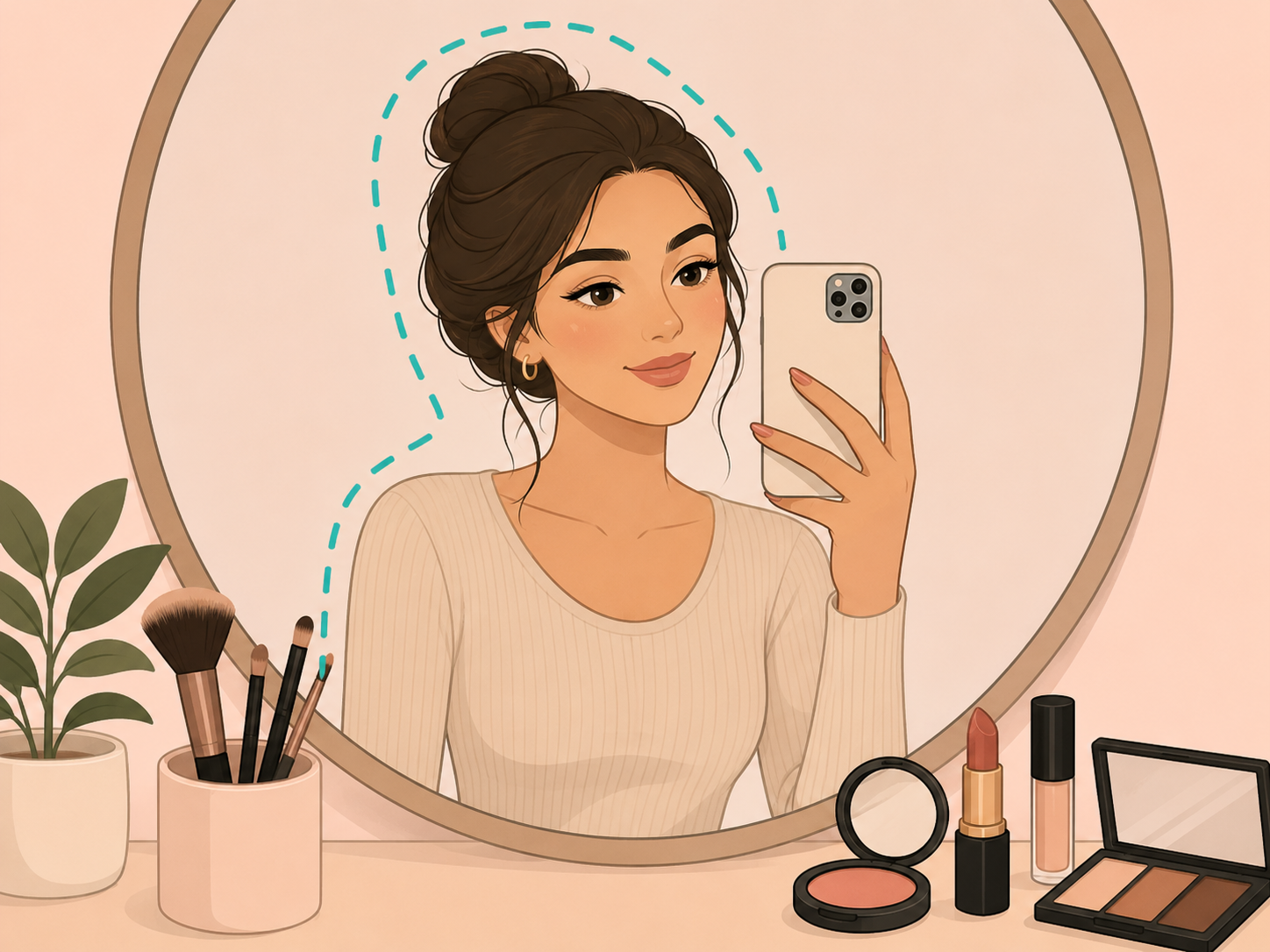 Person reviewing a finished birth-year-inspired beauty look in the mirror.