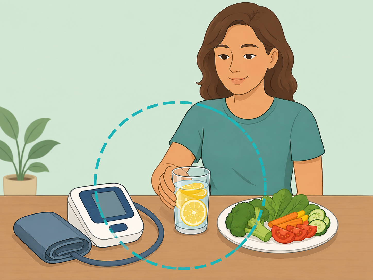 Illustration of lemon water beside a blood pressure cuff and heart-healthy food.
