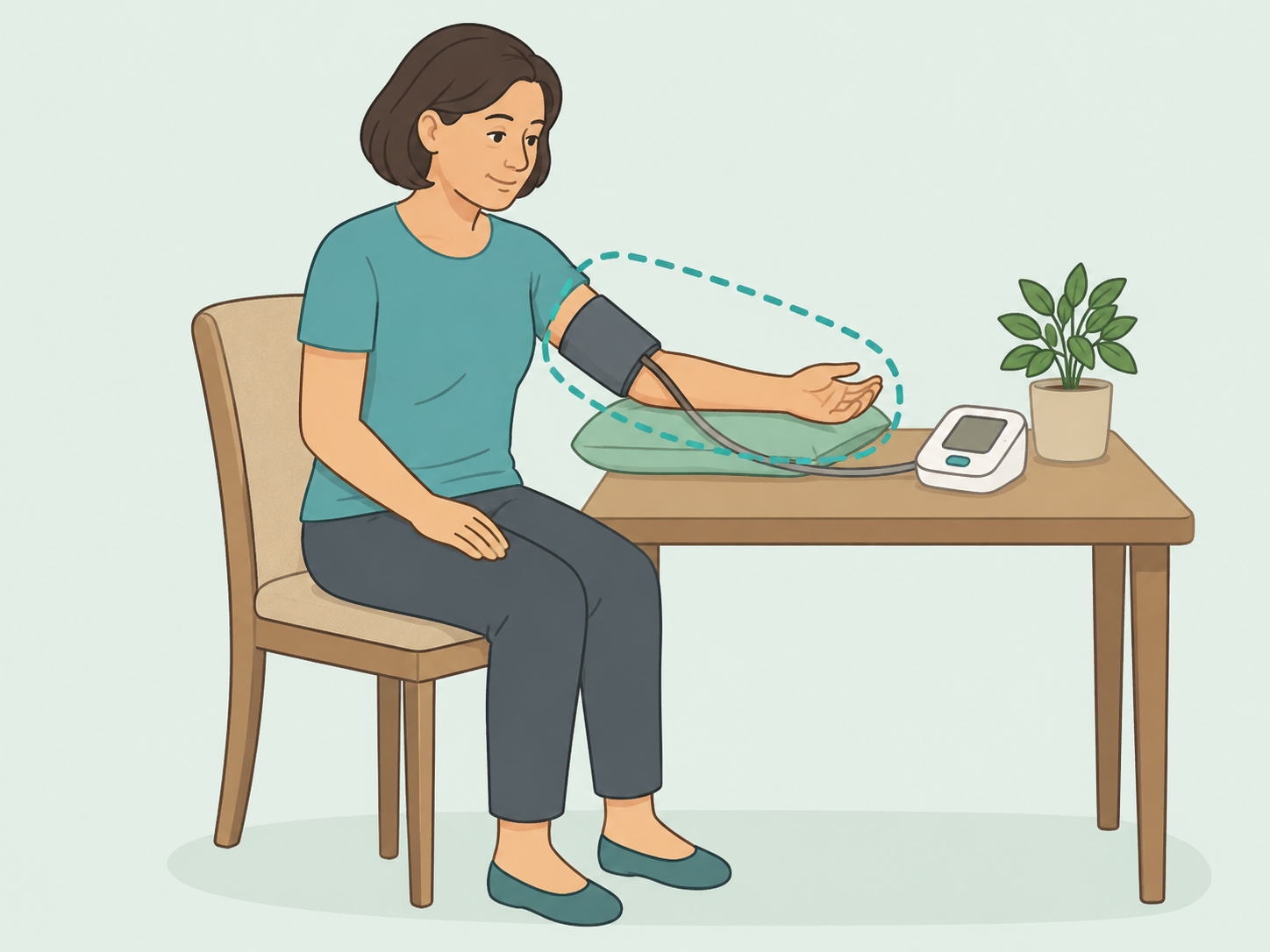 Person measuring blood pressure at home with proper posture.