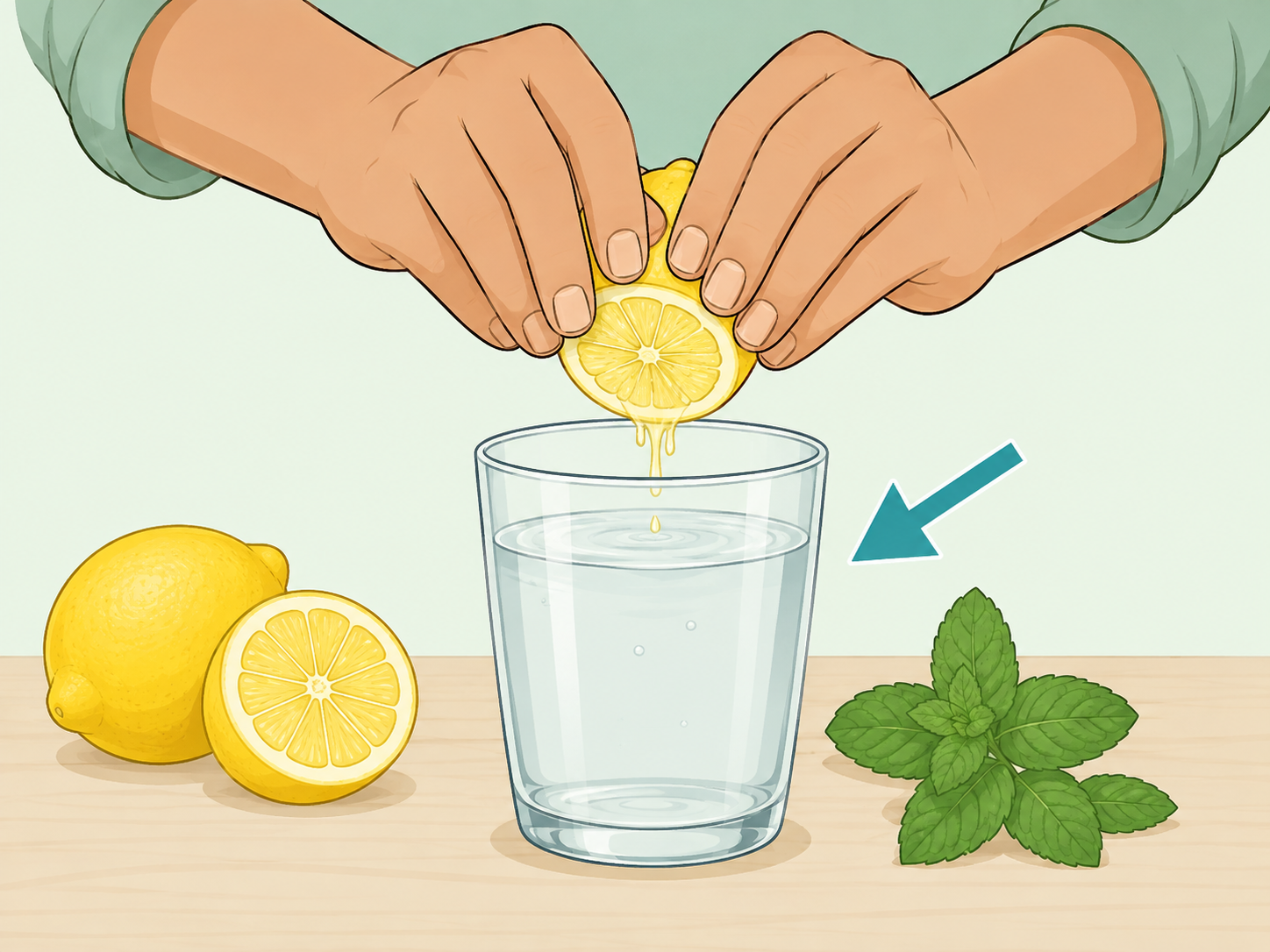 Hands making plain unsweetened lemon water.
