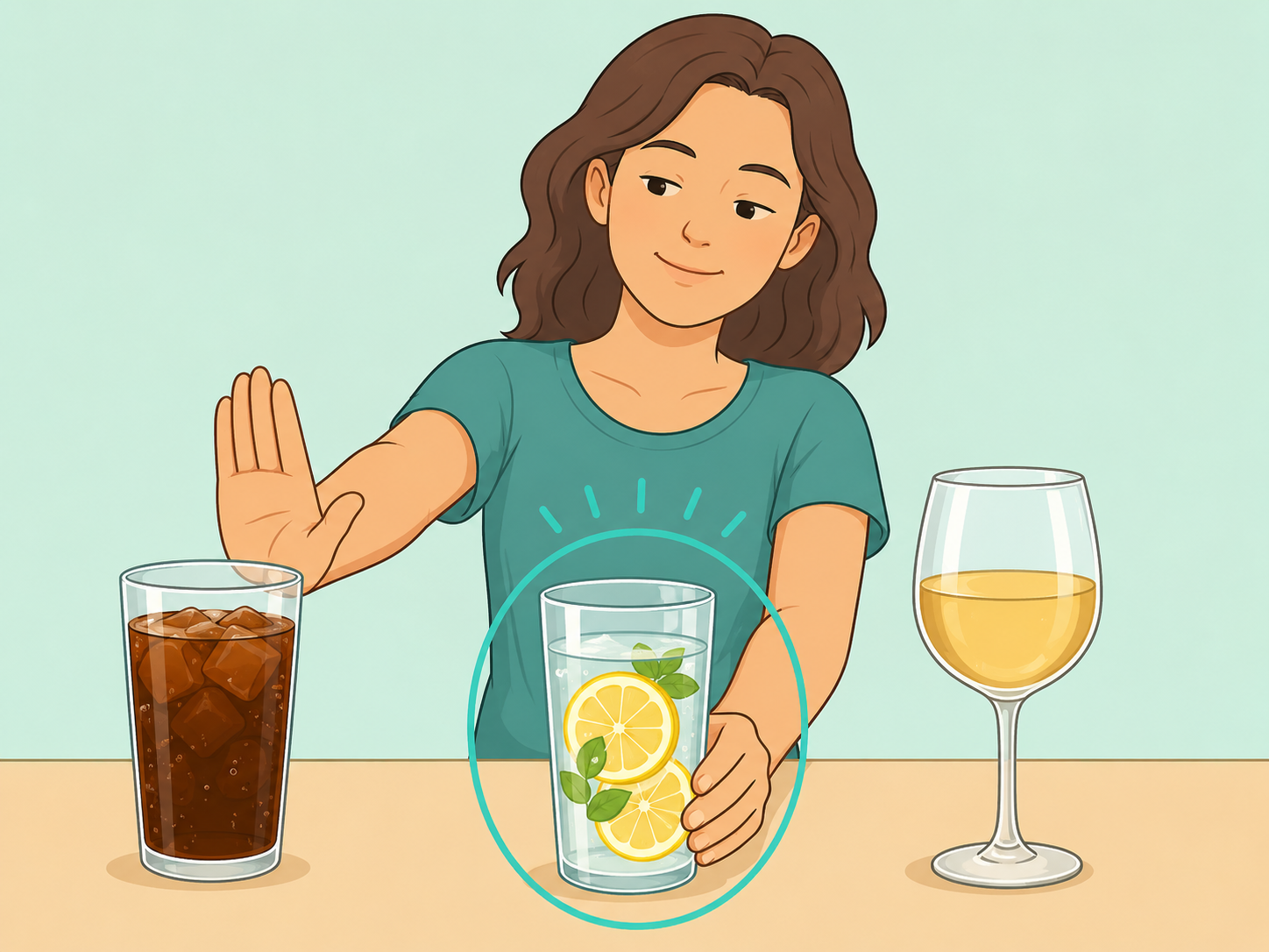 Person choosing lemon water instead of less heart-healthy drinks.