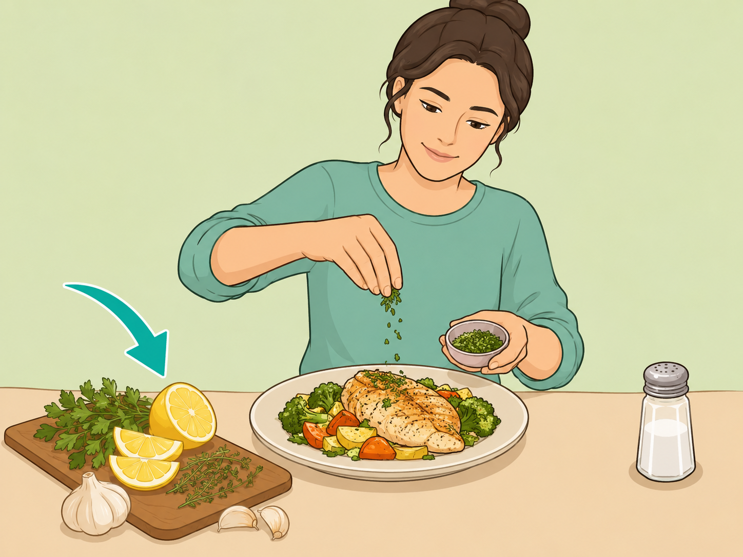 Person flavoring food with lemon and herbs instead of extra salt.