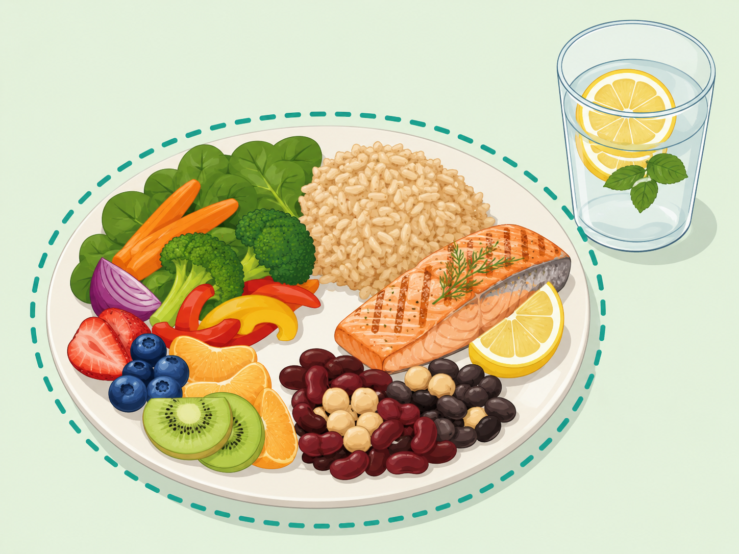 Heart-healthy meal with lemon water on the side.