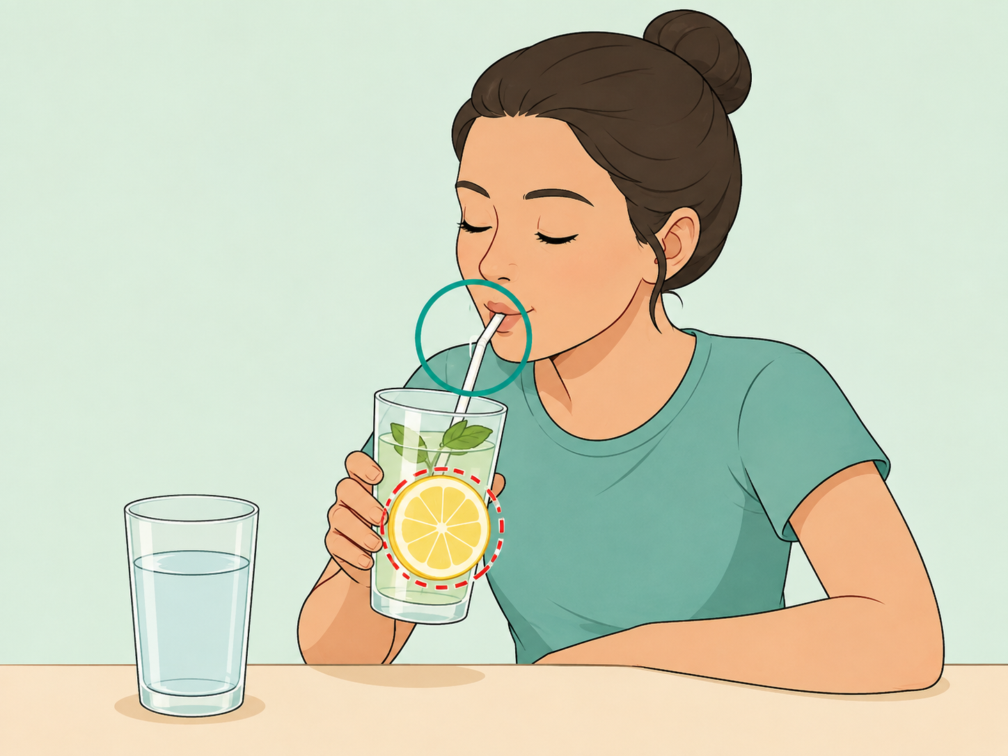 Person using a straw while drinking lemon water to protect teeth.
