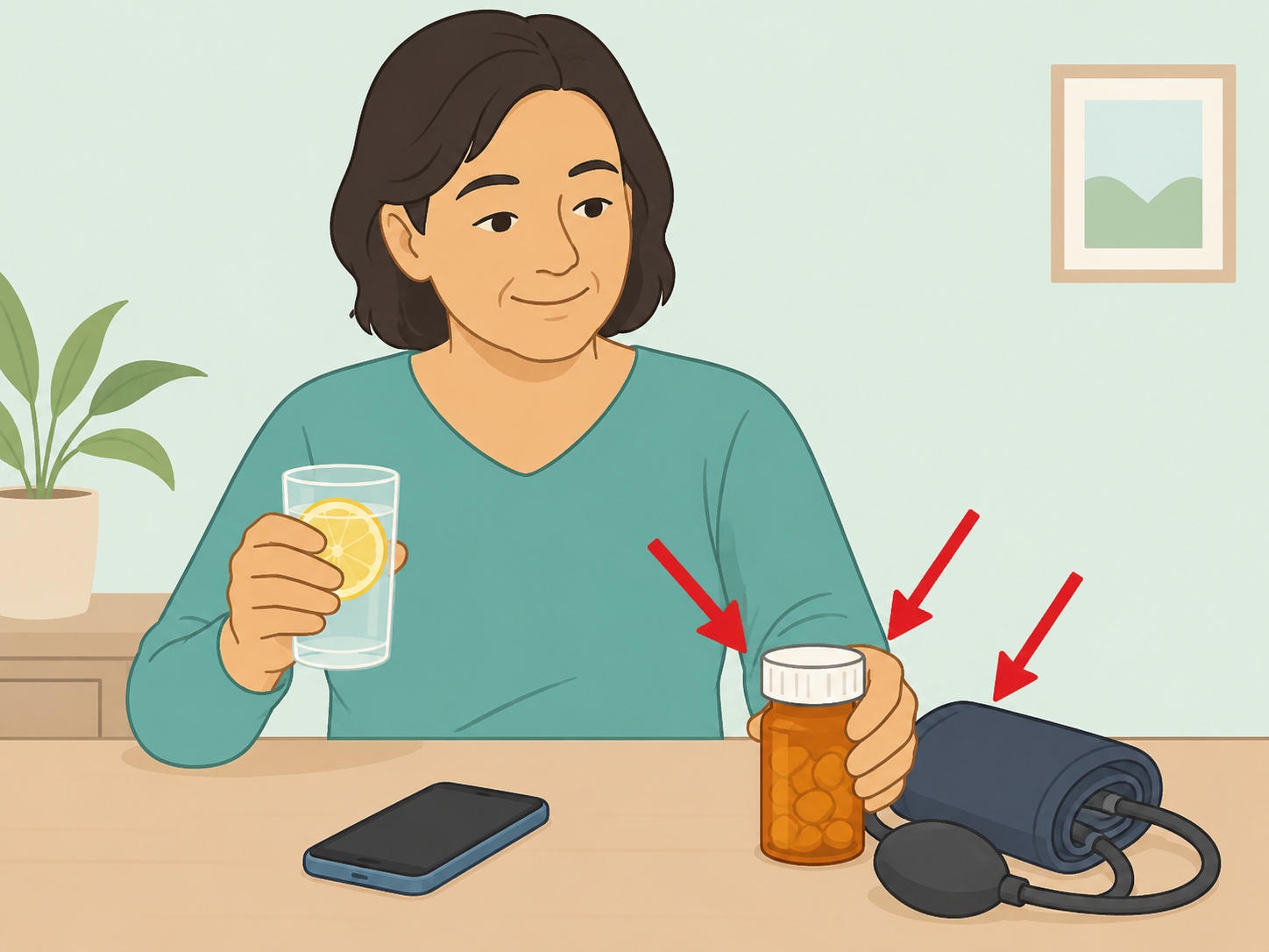 Person keeping blood pressure medicine and monitoring separate from lemon water.