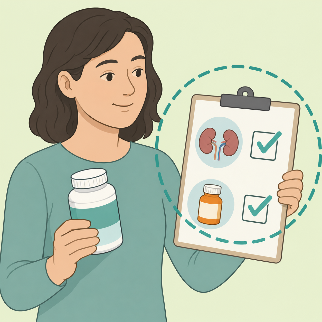 Illustration of a person checking magnesium supplement safety with kidney and medication symbols.