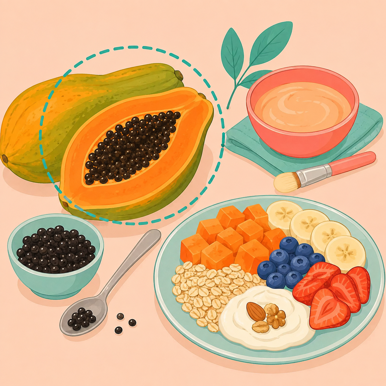 Illustration of ripe papaya, papaya seeds, and simple health and beauty uses.