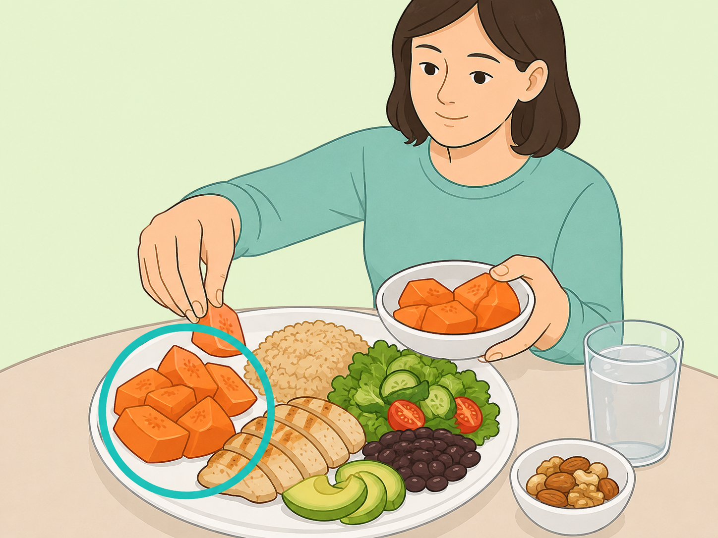 A person serving ripe papaya as part of a balanced meal.